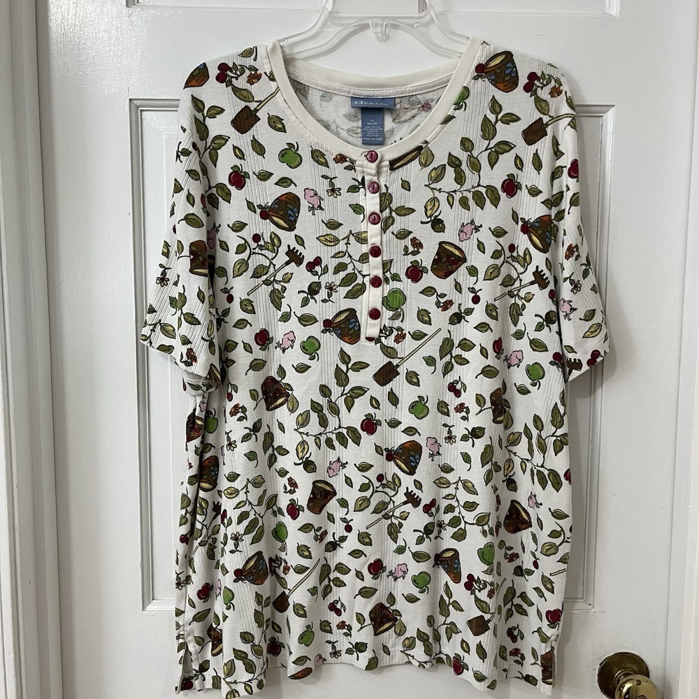 Vtg Gardening Apples Grannycore Cottagecore Knit Short‎ Sleeve Shirt 1X  18/20